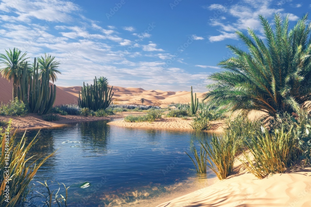 Obraz premium Oasis, desert, palm trees, sand dunes, water, vegetation.