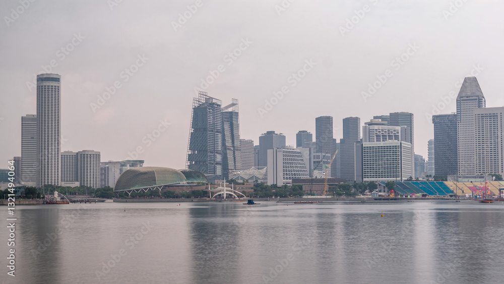 Naklejka premium Skyline with skyscrapers of Marina Bay timelapse hyperlapse.