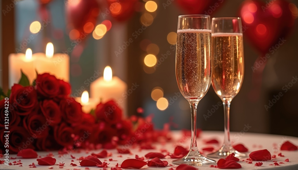 Two champagne glasses on table in fancy restaurant. Candles, roses bouquet, heart shaped balloons, confetti create festive atmosphere. Valentines Day celebration. Romantic dinner setting, love date, Two champagne glasses on table in fancy restaurant. Candles, roses bouquet, heart shaped balloons, confetti create festive atmosphere. Valentines Day celebration. Romantic dinner setting, love date,