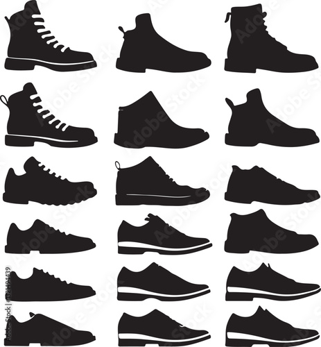 Set of black shoes vector illustration showing various footwear styles in elegant design