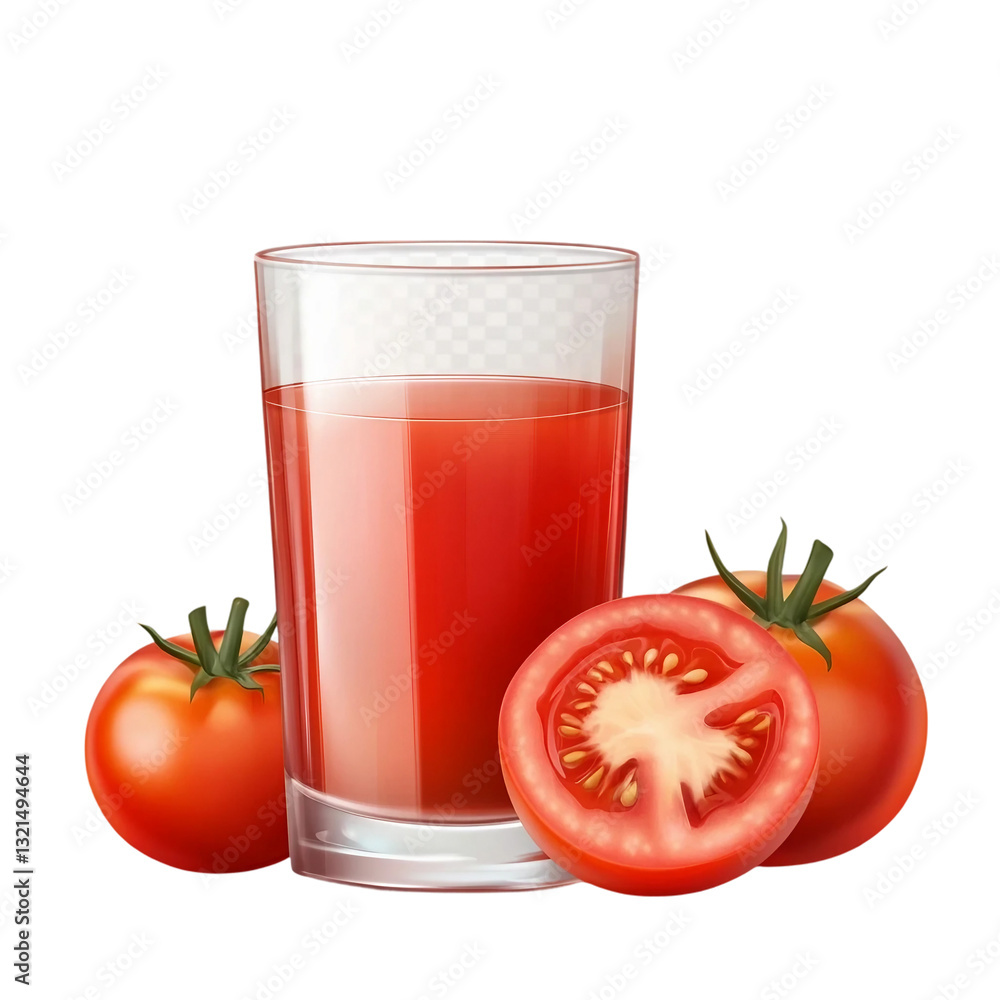 Fresh tomatoes and glass with juice isolated on transparent background Fresh tomatoes and glass with juice isolated on transparent background