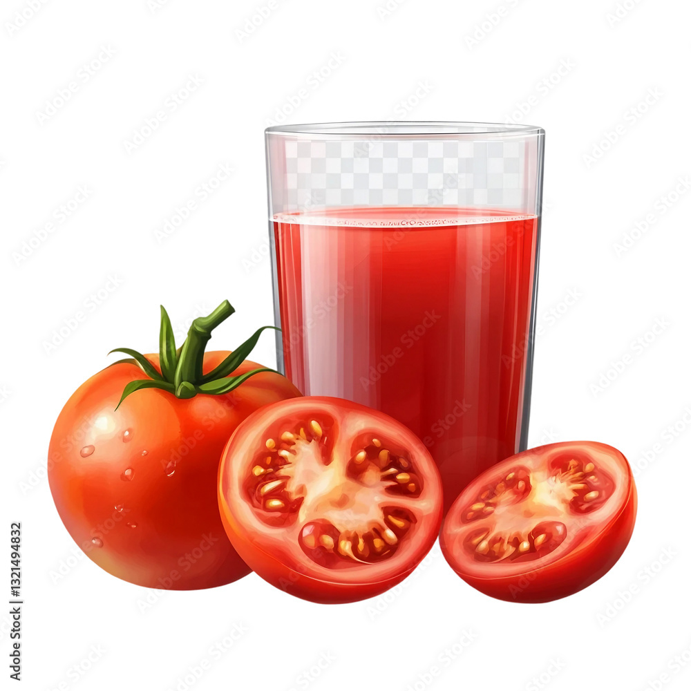 Fresh tomatoes and glass with juice isolated on transparent background Fresh tomatoes and glass with juice isolated on transparent background