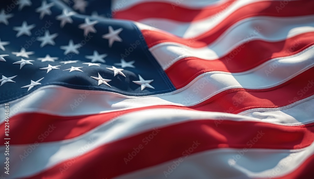 Close-up of American flag waving, stars and stripes, red, white, blue colors. Symbol of patriotism, independence day, national pride, freedom. Honor memory of veteran, respect nation values. Close-up of American flag waving, stars and stripes, red, white, blue colors. Symbol of patriotism, independence day, national pride, freedom. Honor memory of veteran, respect nation values.