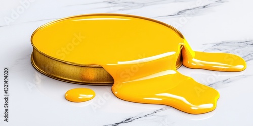 Three-dimensional render of a glossy gold oil drum leaking oil onto a polished white floor. photo