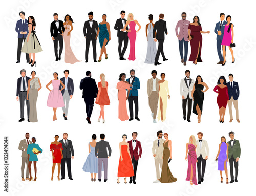Diverse of multiracial and multinational couples wearing evening formal or black tie outfits for celebration, wedding, Christmas Eve or New Year party. Happy men and women in gorgeous luxury clothes.