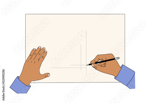 Hands draw on blank paper with pencil. Colored drawing of human hands with writing tool. Colorful outline Vector illustration isolated