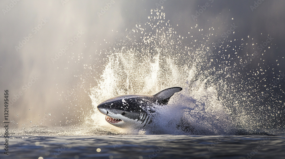 Fototapeta premium great white shark leaps from ocean with dramatic splash