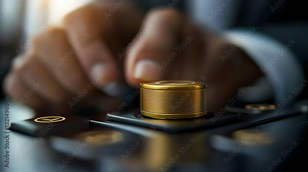 A hand pressing a golden button in a close up shot