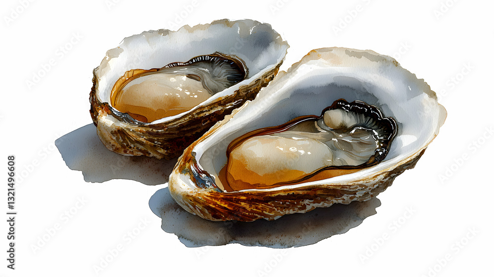 Two freshly opened oysters with visible meat and shells on display Two freshly opened oysters with visible meat and shells on display