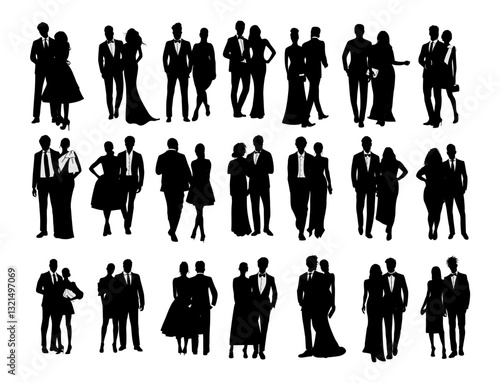 Silhouettes of different couples wearing evening formal or black tie outfits for celebration, wedding, Christmas Eve or New Year party. Happy men and women in gorgeous luxury clothes.