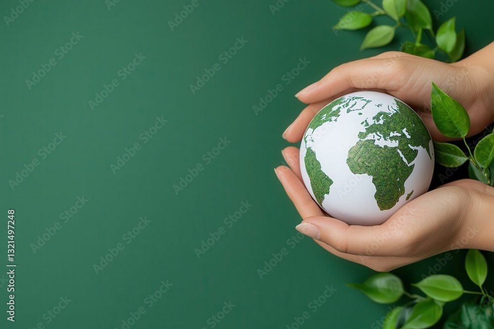 Climate change mitigation carbon emissions policy. Hands holding a globe surrounded by green leaves on a green background. Climate change mitigation carbon emissions policy. Hands holding a globe surrounded by green leaves on a green background.