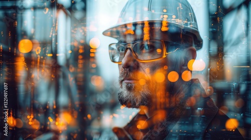 Construction worker in safety gear reflects on project challenges during twilight hours at an urban site