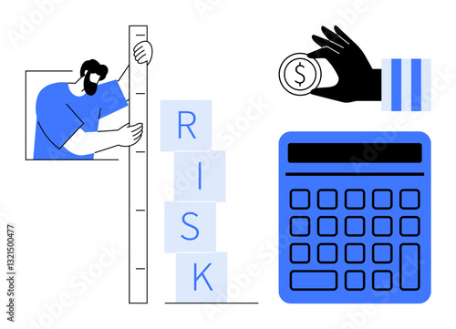Person measuring risk with ruler next to blocks, hand dropping coin near calculator. Ideal for finance, strategy, risk management, budgeting, decision-making, investment planning, flat simple