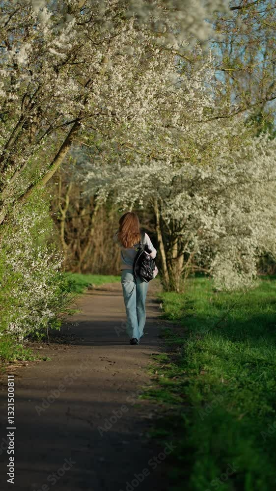 Woman walking on a scenic path with blooming trees. Concept of walking outdoors. Woman walking on a scenic path with blooming trees. Concept of walking outdoors.