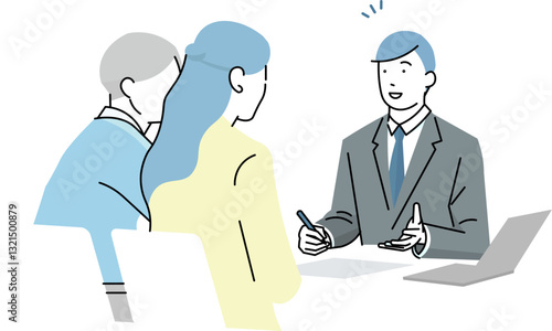 Vector illustration of a couple consulting with a male advisor - business scene - consultation - meeting - advice男性アドバイザーに相談する夫婦ー相談ー打ち合わせーアドバイスのビジネスシーンのベクターイラスト素材