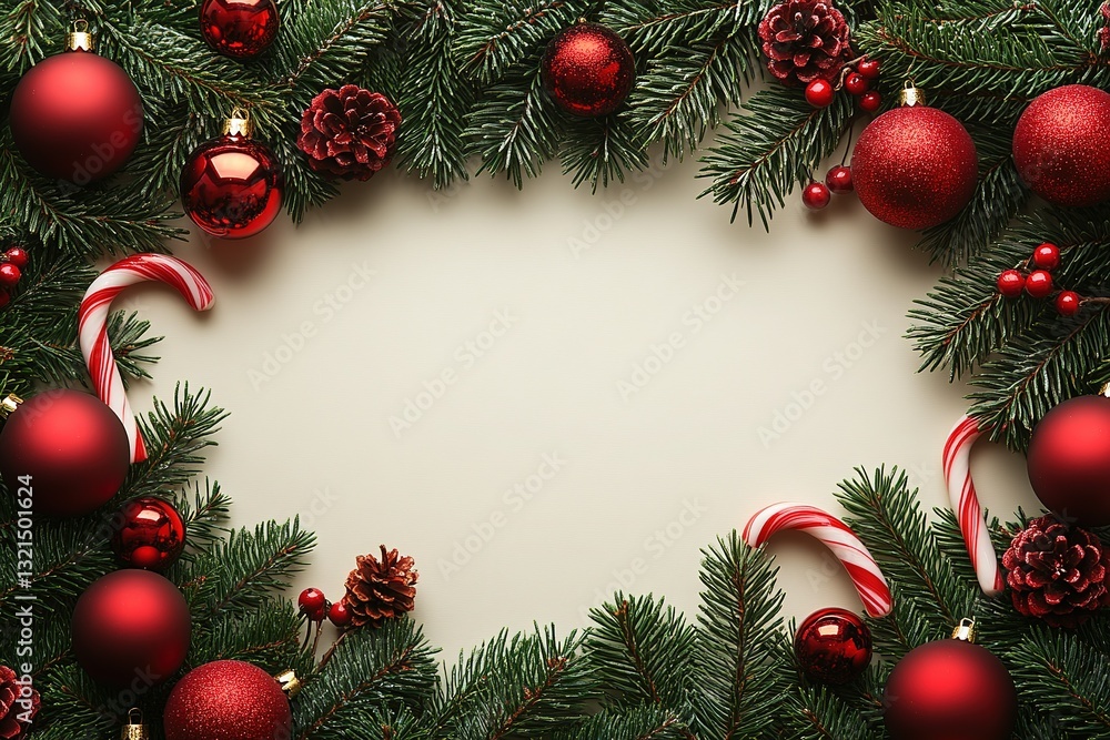 Christmas background with candy canes, pine branches, and red ornaments on a flat color backdrop. Flat lay composition for a Christmas card design or banner with copy space. Christmas background with candy canes, pine branches, and red ornaments on a flat color backdrop. Flat lay composition for a Christmas card design or banner with copy space.