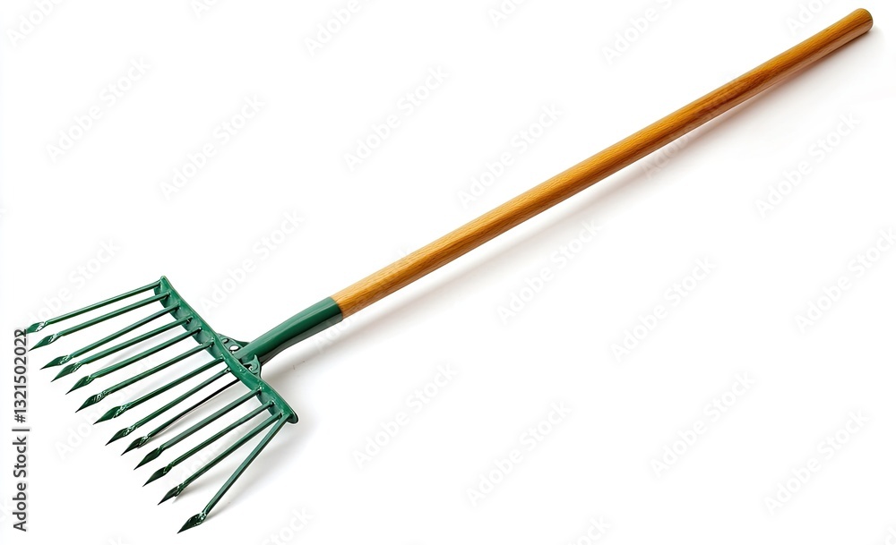 Garden tool with wooden handle and metal tines. Features a dark green metal frame with numerous sharp tines, ideal for weeding or aerating soil. The handle is light-colored wood Garden tool with wooden handle and metal tines. Features a dark green metal frame with numerous sharp tines, ideal for weeding or aerating soil. The handle is light-colored wood