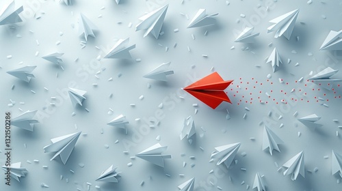 Red paper airplane stands out among white paper airplanes on a light background in an imaginative display of creativity and individuality