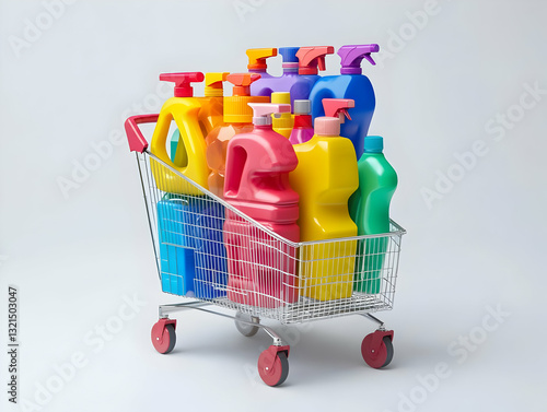 A shopping cart filled with colorful cleaning products, ideal for household needs and cleaning tips.