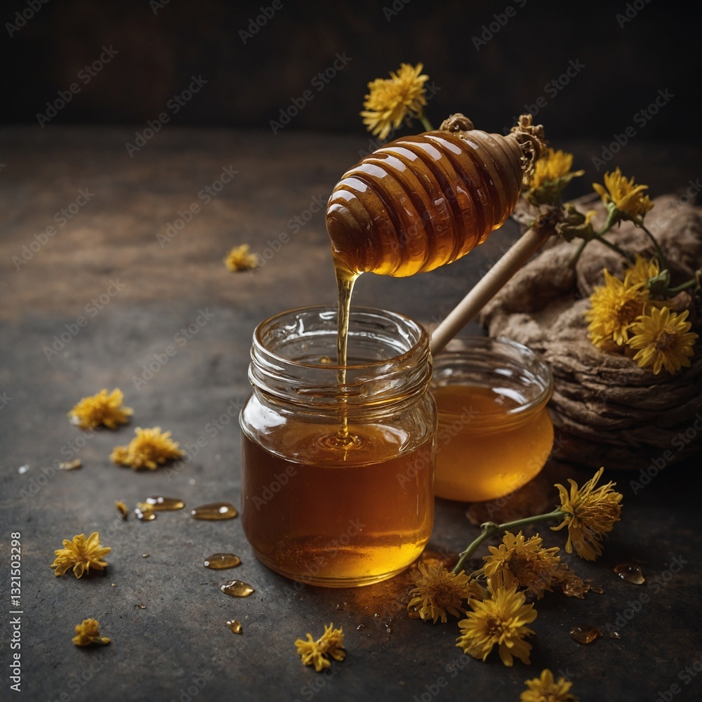 Delicious honey in a jar, capturing the essence of nature’s sweet nectar with its vibrant color Delicious honey in a jar, capturing the essence of nature’s sweet nectar with its vibrant color