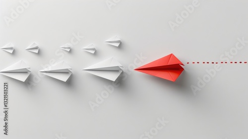 Innovative red paper airplane leads a group of white paper airplanes against a minimalist background