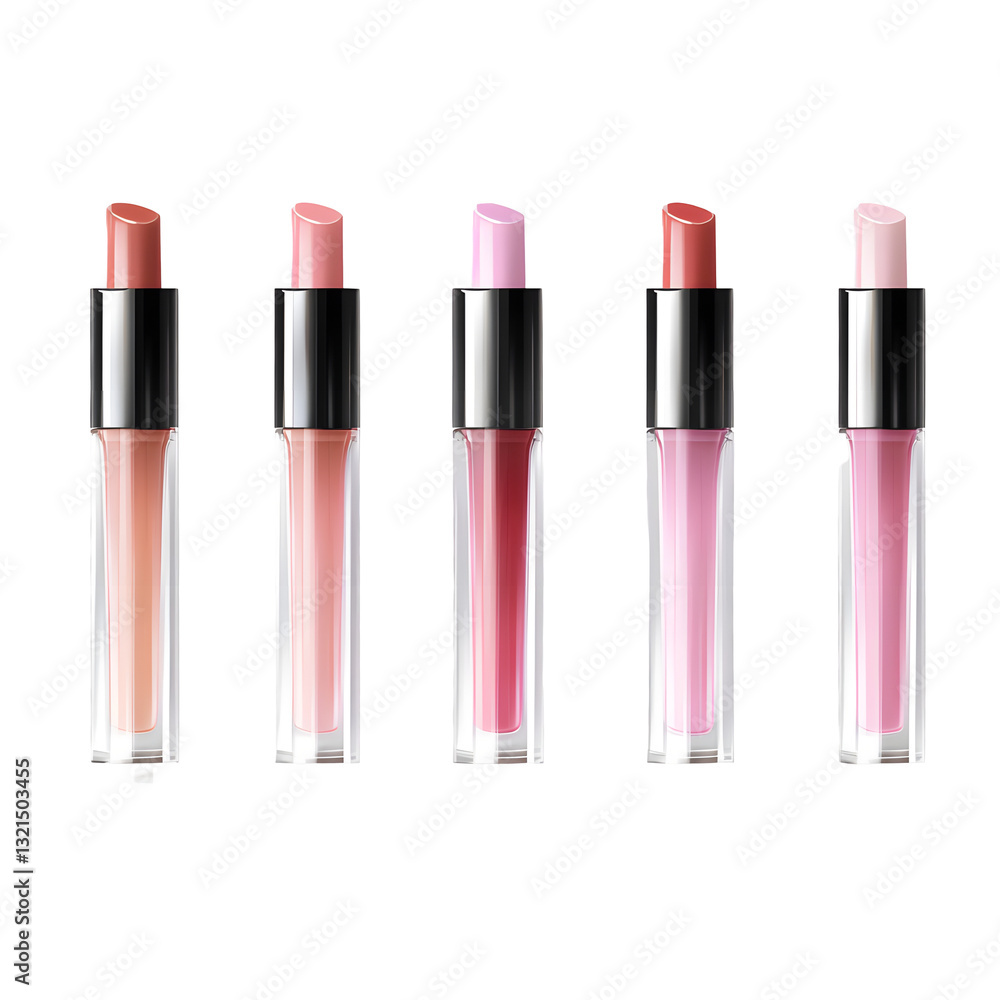 Obraz premium A collection of elegant glossy lip gloss tubes in various pink and red hues perfectly showcased against a transparent background
