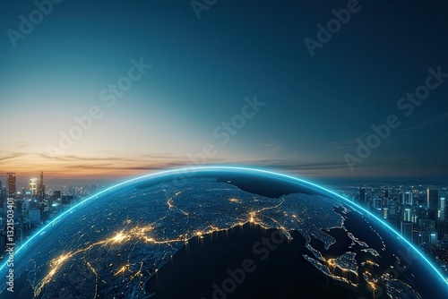 Climate change mitigation carbon emissions policy. Futuristic cityscape with glowing globe at sunset.