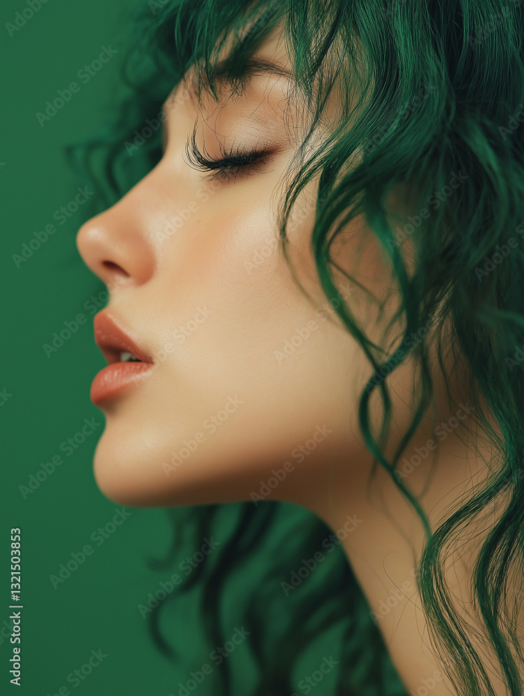 Green portrait of close-up side profile of a person with vibrant green hair, set against a matching green background. It emphasizes the hair's texture, color, and styling. Green portrait of close-up side profile of a person with vibrant green hair, set against a matching green background. It emphasizes the hair's texture, color, and styling.