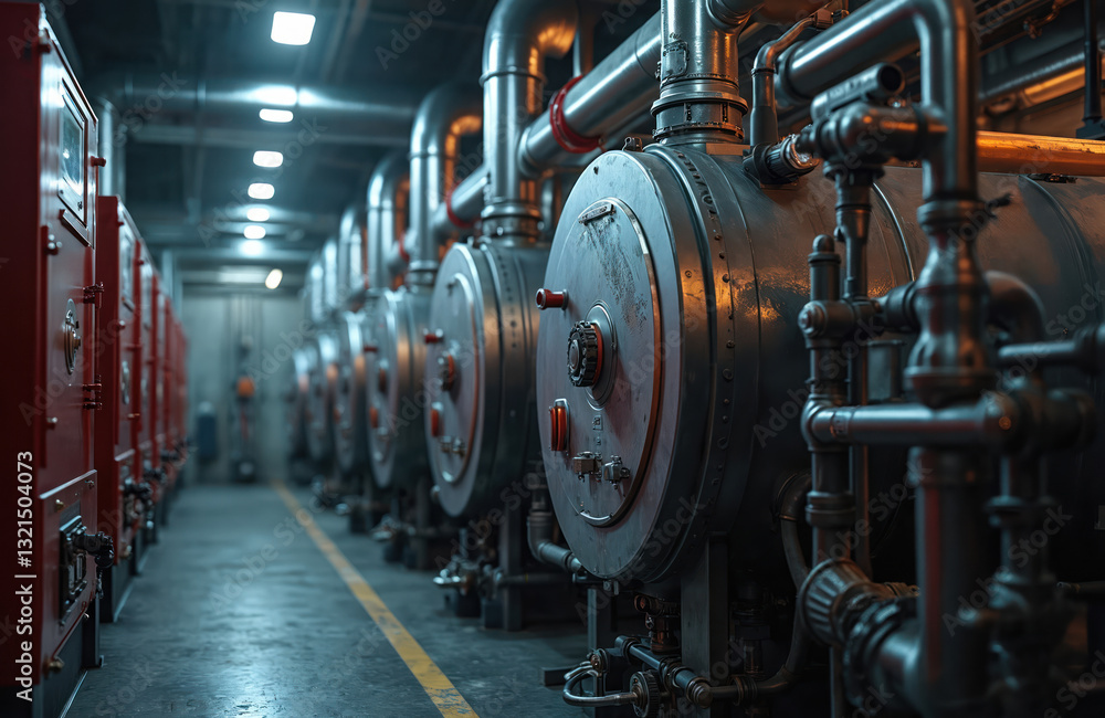Fototapeta premium Modern house boiler room heating system. Commercial setup features heat plant, water heater, steam pump, gas control. Equipment displays piping, electrics, manometer, thermostat. Interior uses steel