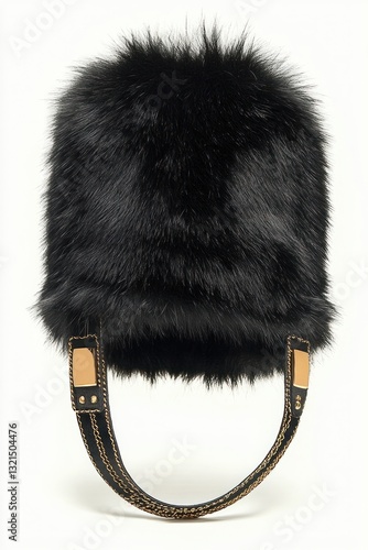 Black Fur Hat with Golden Straps in Minimalist Studio Setup