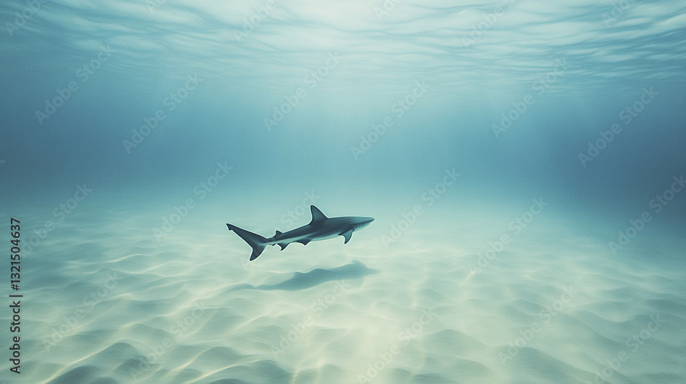 Naklejka premium solitary shark swims over sandy seabed in tranquil waters
