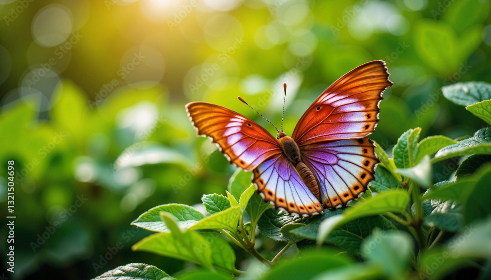 Fototapeta premium Butterfly with glowing wings resting on green leaves, nature's beauty