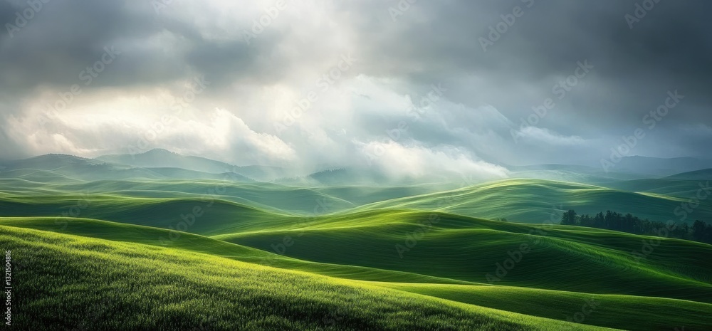 Obraz premium Rolling Green Hills Under a Cloudy Sky