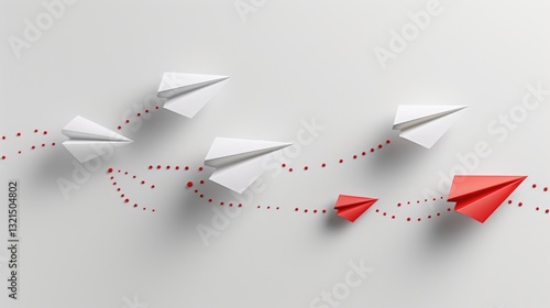 Creative arrangement of paper airplanes in flight with a red accent on a clean background
