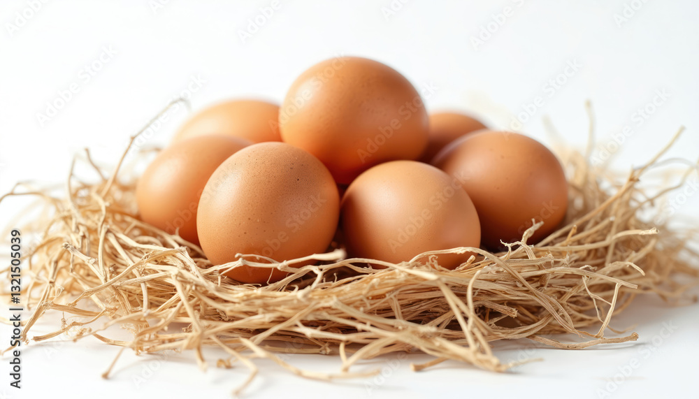 Pile of fresh raw brown eggs in straw nest against transparent backdrop. Natural organic alimentary product. Chicken eggs are ingredient for healthy diet, cooking, easter holiday baking. Pile of fresh raw brown eggs in straw nest against transparent backdrop. Natural organic alimentary product. Chicken eggs are ingredient for healthy diet, cooking, easter holiday baking.