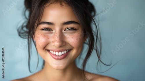 Bright and cheerful young woman with natural beauty smiles against a light blue background