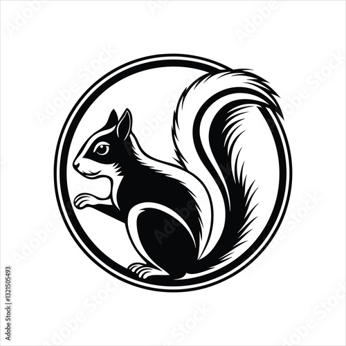 A black squirrel silhouette, a wild mammal icon, or a vector drawing of a squirrel with a nut