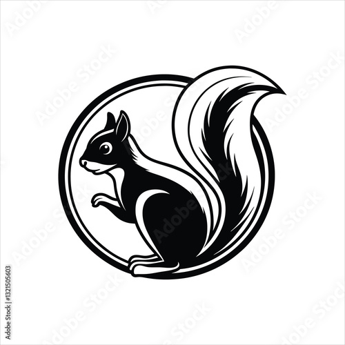 A black squirrel silhouette, a wild mammal icon, or a vector drawing of a squirrel with a nut