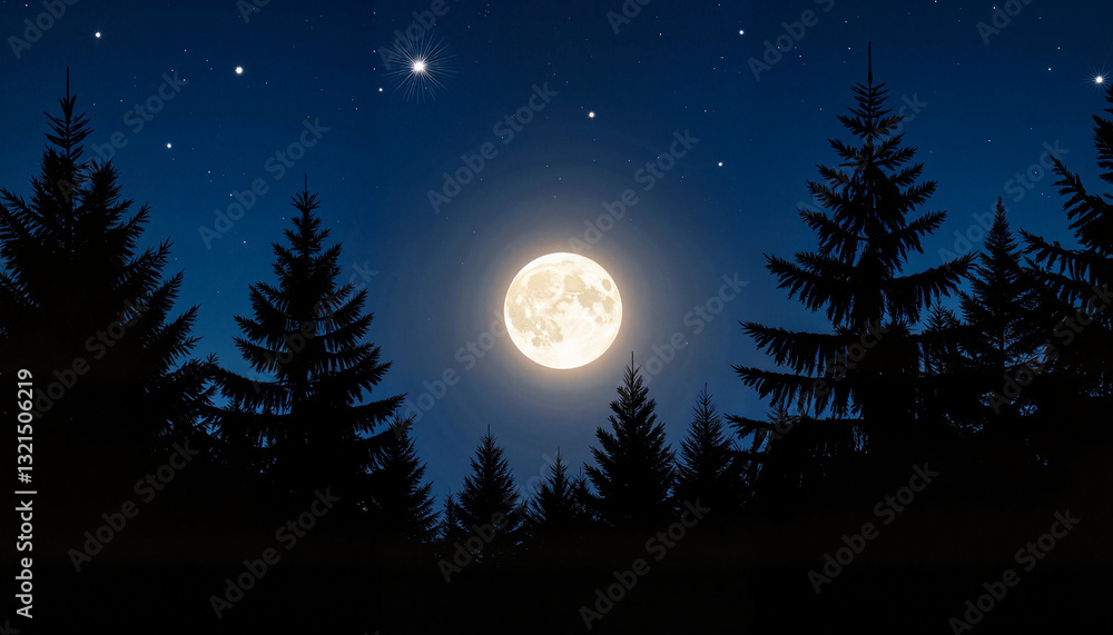 Naklejka premium Moonlit trees shimmering under starry sky, serene night scene