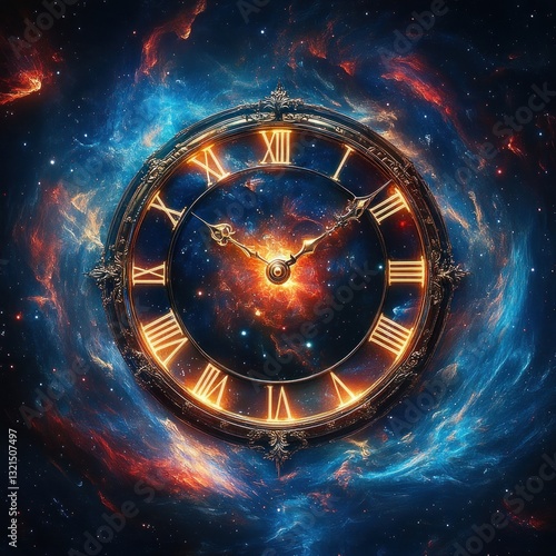 Cosmic Clock and Time Travel in Space with Swirling Nebulae and Glowing Roman Numerals