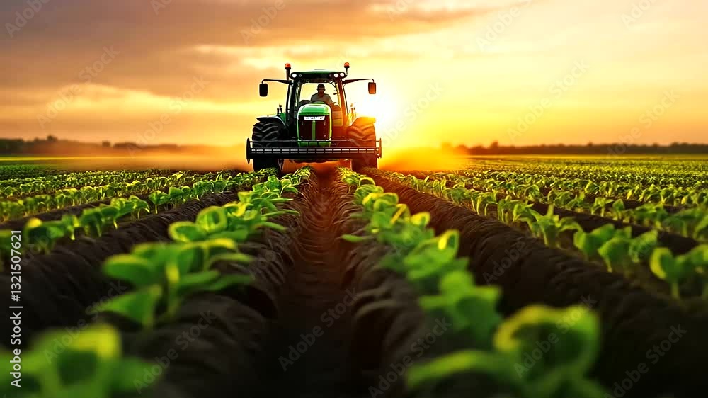 A farming machine at sunset, driving through a field of young crops in neat rows. The golden light from the setting sun envelops the scene, showing how modern agricultural technolo A farming machine at sunset, driving through a field of young crops in neat rows. The golden light from the setting sun envelops the scene, showing how modern agricultural technolo