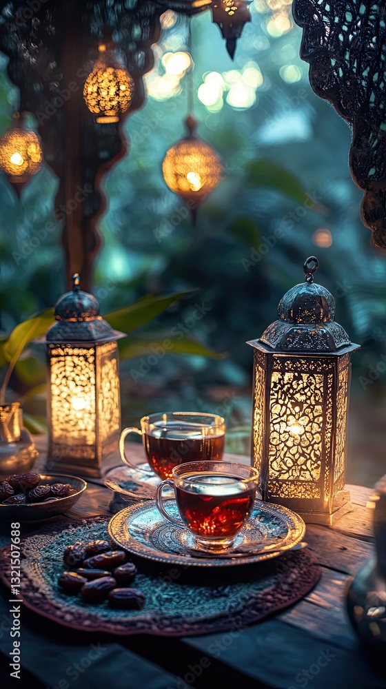 Fototapeta premium Cozy Ramadan evening with tea dates and soft glowing lanterns