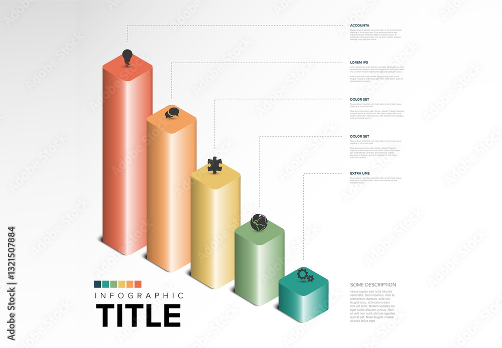 Colorful 3D Infographic Chart Template with Key Points and column graph