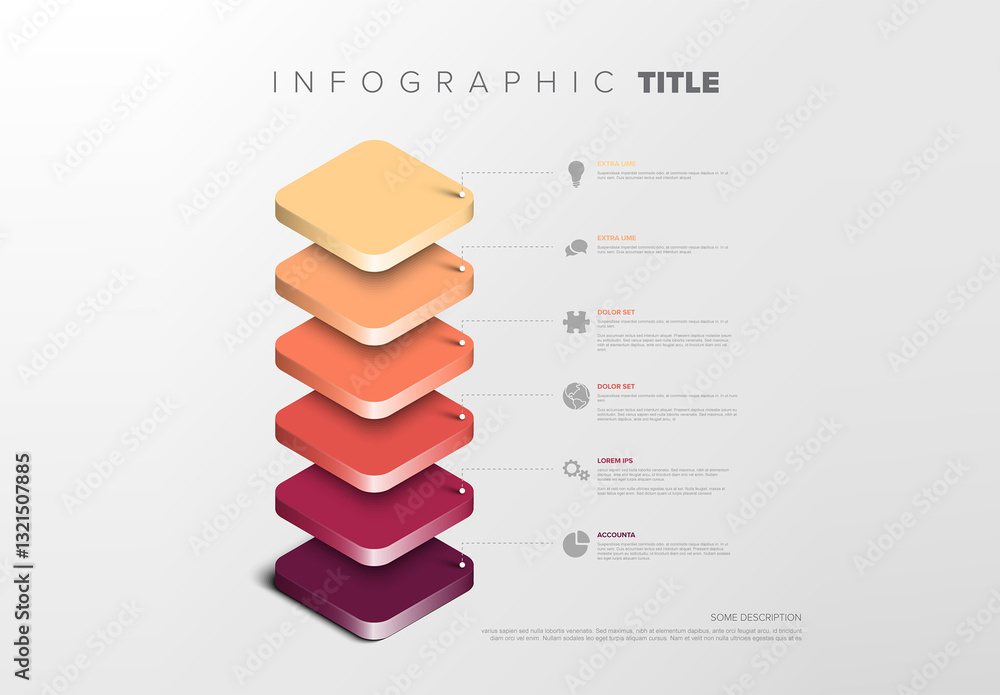 Colorful 3D Chart Infographic Design Template with six level schema diagram