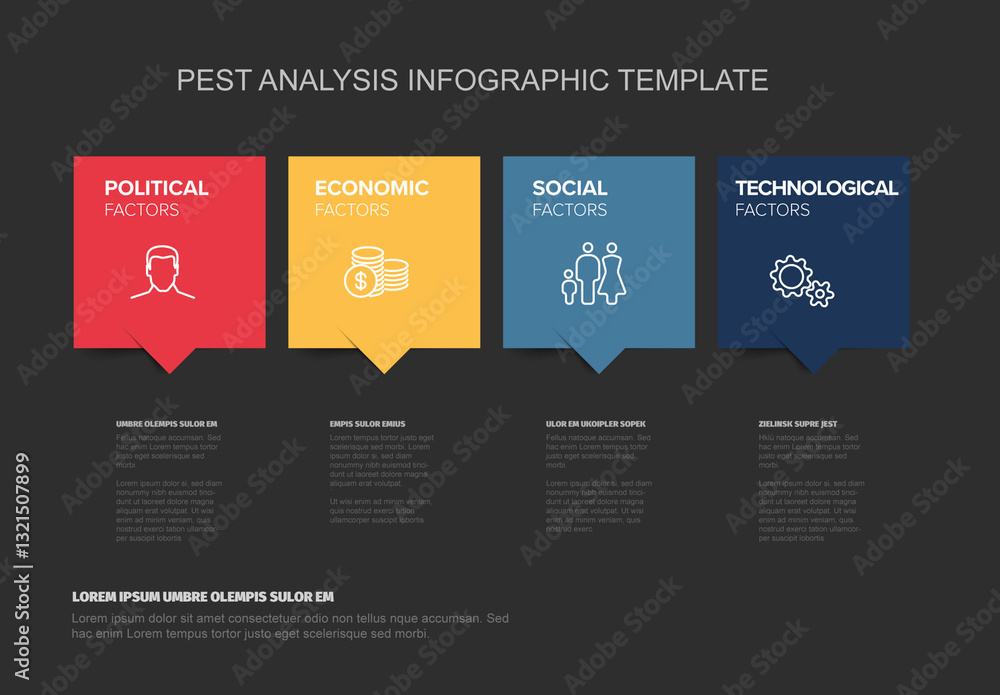 Dark PEST diagram infographic template with four factors items - political, economic, social and technological