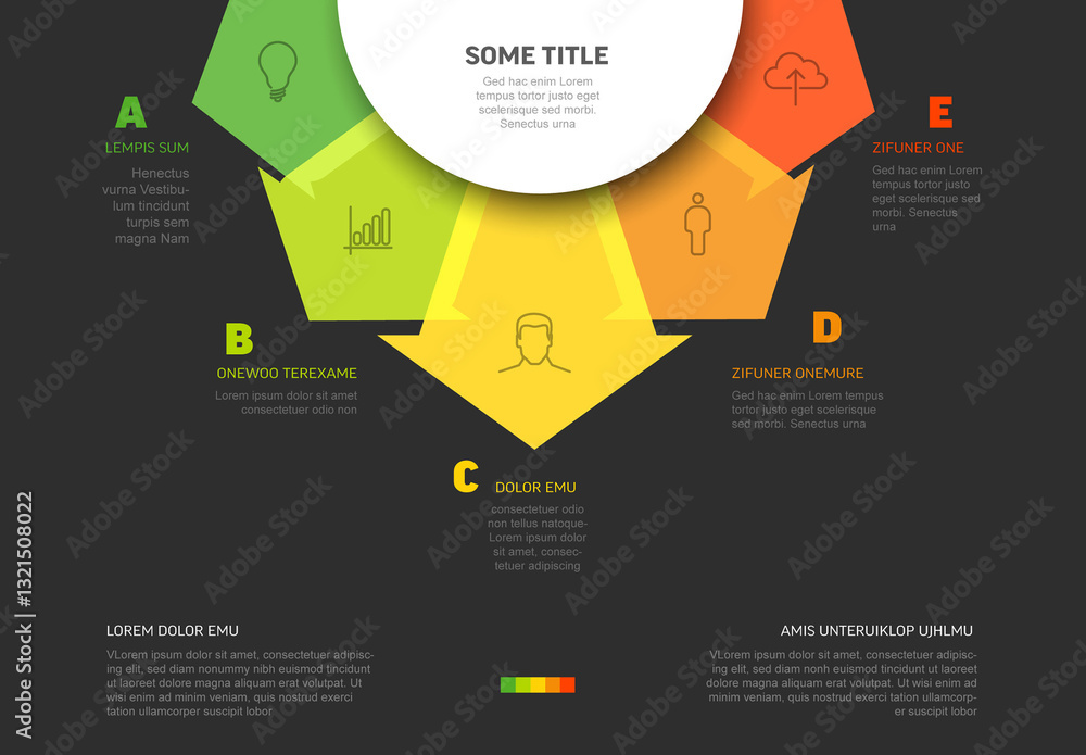 Infographic dark template with five red yellow green color arrow element options on top fan infochart cheme diagram