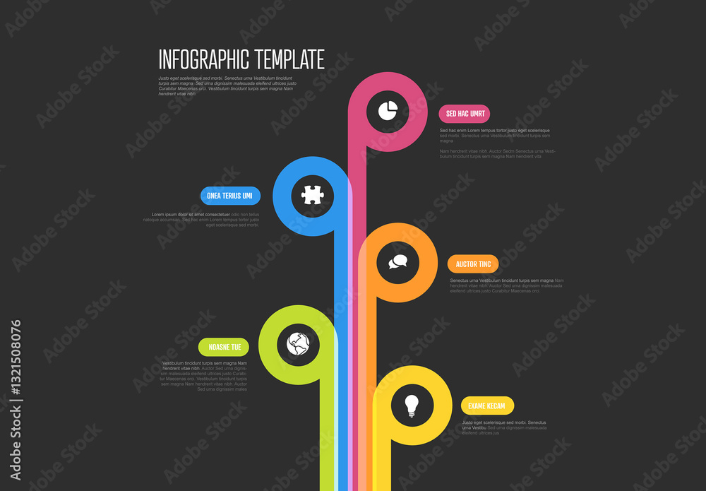 Simple dark multipurpose infographic template with five items icons description and thick line diagram