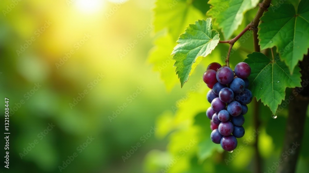 Sunlit Vine A Cluster of Ripe, Dark Grapes Hanging from Lush Green Leaves Sunlit Vine A Cluster of Ripe, Dark Grapes Hanging from Lush Green Leaves