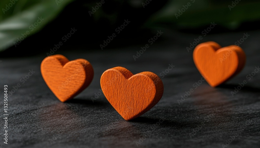 Three orange hearts on dark surface Three orange hearts on dark surface