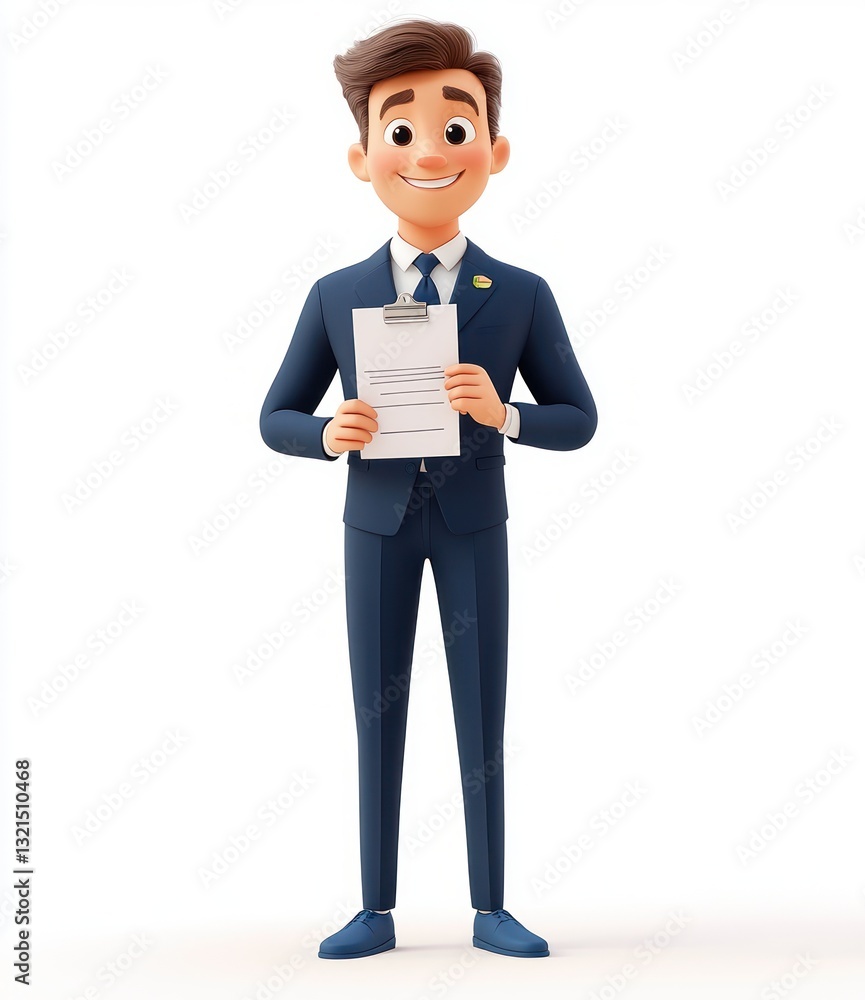3D Cartoon Businessman in Navy Suit with Checklist Pointing Success Document 3D Cartoon Businessman in Navy Suit with Checklist Pointing Success Document